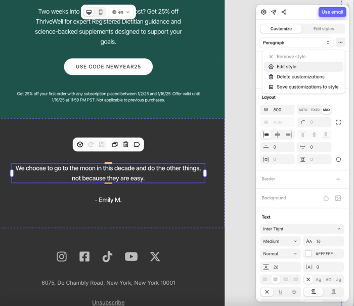 Modify the default style for a Paragraph block in your email design
